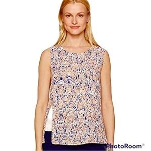 Nine West Top Blue Orange Split Side Sleeveless M Lunch Brunch Work Tank